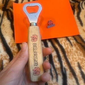 Delirium Wooden Handle Bottle Opener - Pink Elephant Logo and small matching pin